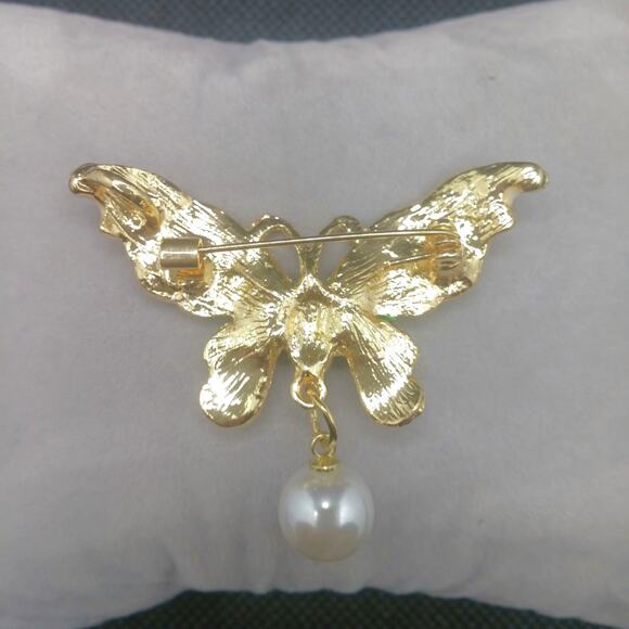 Winged Butterfly Brooch Pendant Combo NEW Pin Green Cream Enamel Faux Pearl Drop - Picture 2 of 9